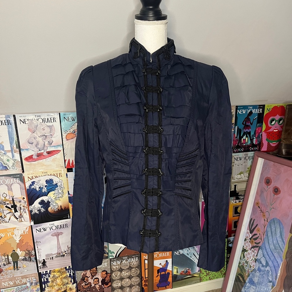 Elie Tahari Navy Ruffle-Front Napoleon Military Jacket